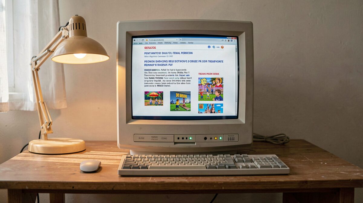 A desk with an old CRT monitor showing a plain early-2000s personal webpage, warm evening lamp light, shot straight on.