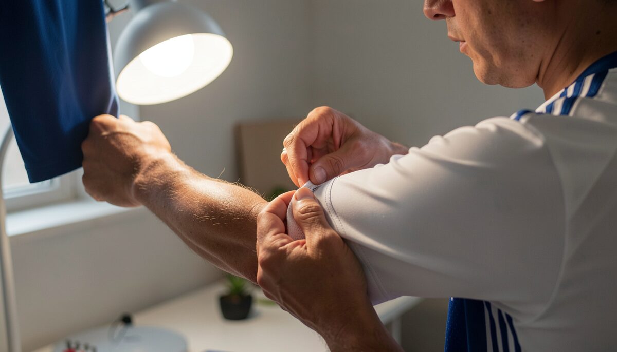 A person examining the stitching on a sports jersey sleeve under a bright lamp. Illustrative image, generated with AI.