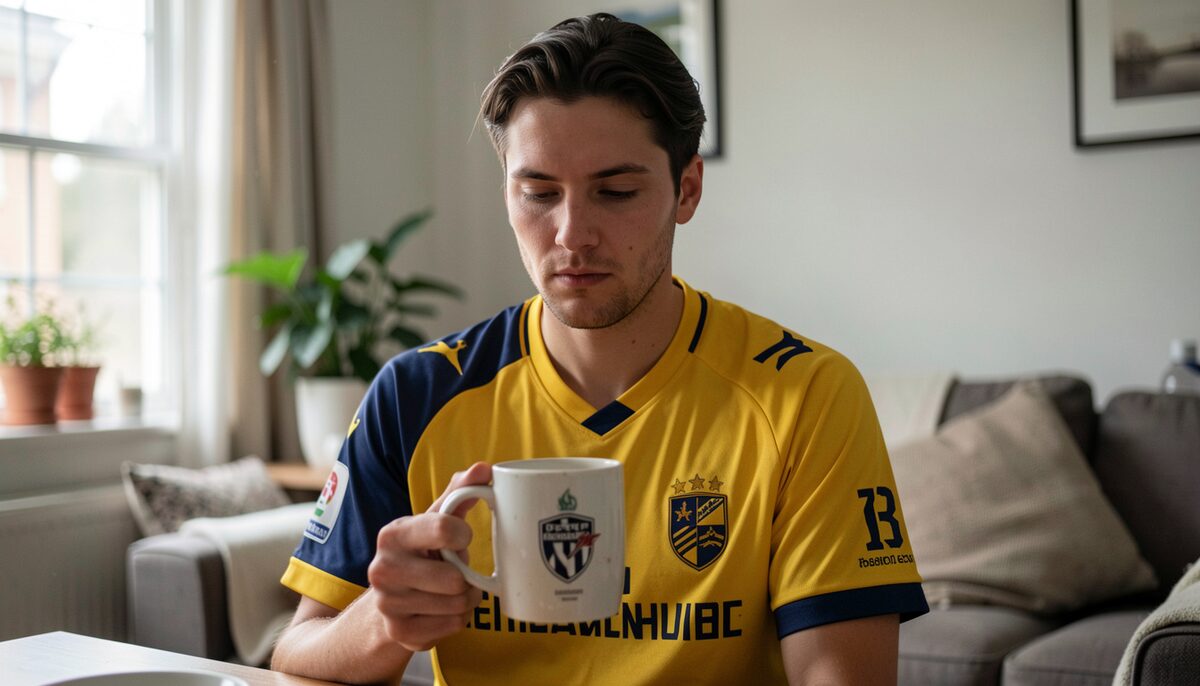 A thoughtful fan examines a jersey at home, considering its origins. Illustrative image, generated with AI.