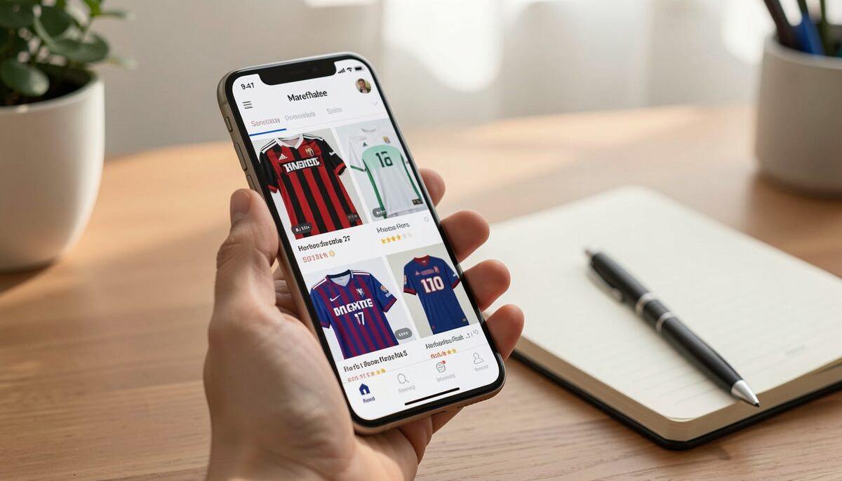 A smartphone screen showing a marketplace app with jerseys, held over a desk with a notebook and pen. Illustrative image, generated with AI.