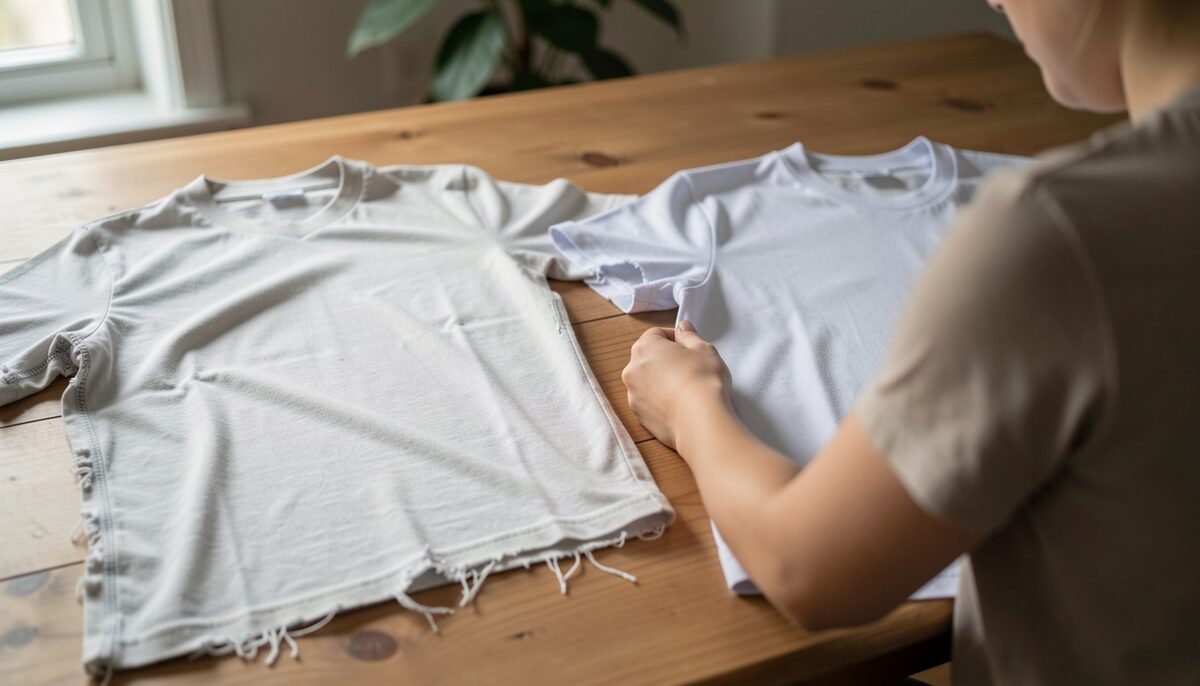 Two football jerseys on a table, one with frayed stitching and one with clean stitching. Illustrative image, generated with AI.