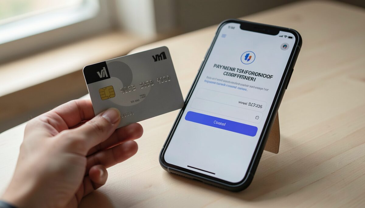 A hand holding a credit card next to a smartphone displaying a payment confirmation screen. Illustrative image, generated with AI.