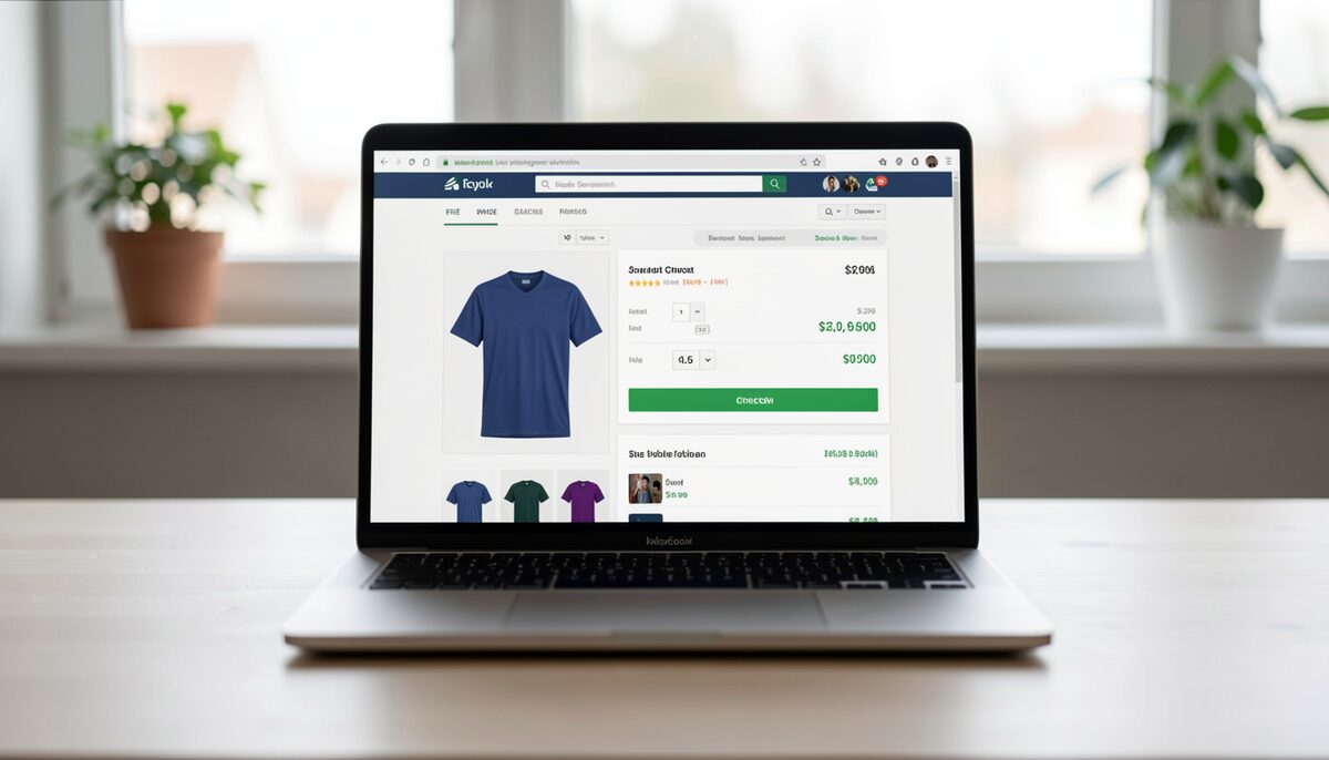 A laptop screen showing an online checkout page with a jersey in the cart. Illustrative image, generated with AI.