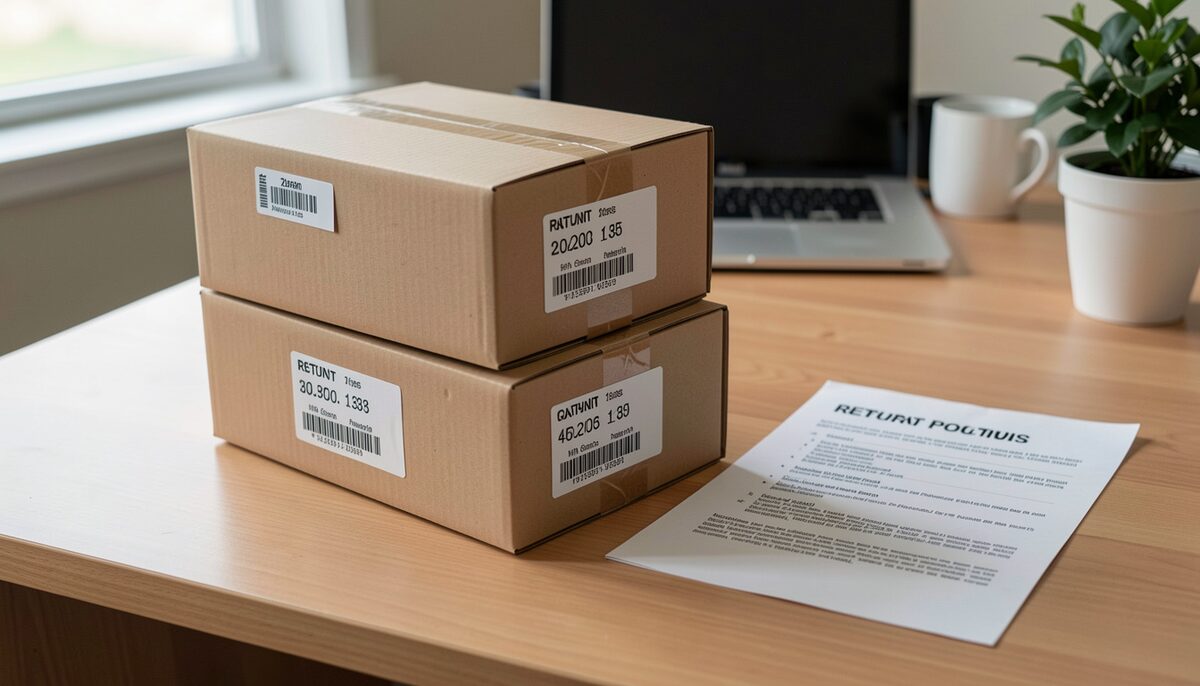 A stack of shipping boxes with return labels next to a printed return policy on a desk. Illustrative image, generated with AI.
