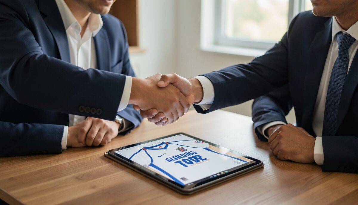 Business meeting with a handshake over a contract and a tablet showing a jersey design. Illustrative image, generated with AI.