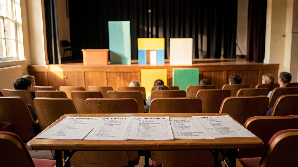 A school auditorium stage with simple painted set pieces and printed cast list pages laid out on a table in the front row, lit by warm afternoon window light, photographed from the audience seats.