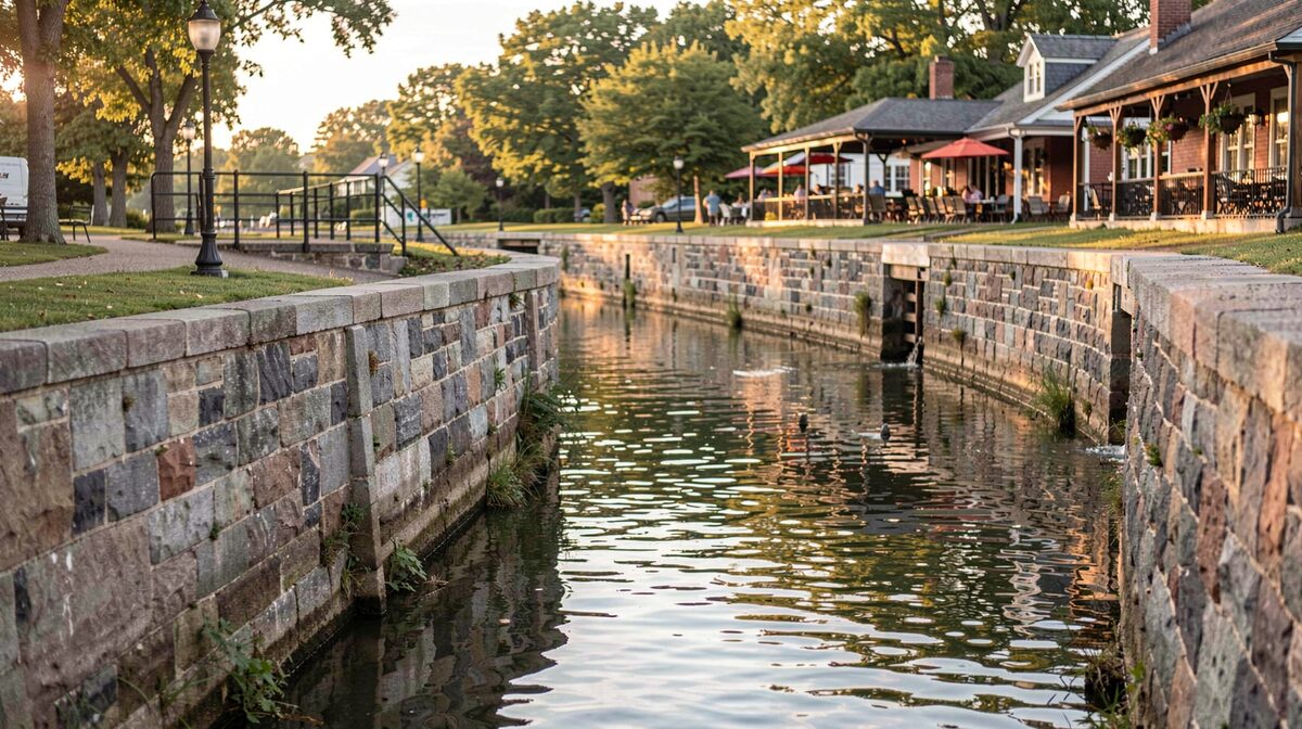 The Delaware Canal towpath in New Hope in late afternoon light, framed with the canal in the foreground, a stone lock wall on one side, and café terraces on the far bank.