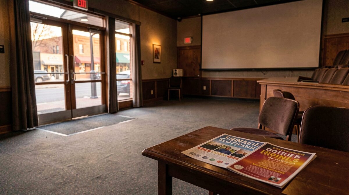 An empty small town theater lobby before a show, warm evening light through the doors, a printed season brochure on a table, shot from a wide angle.