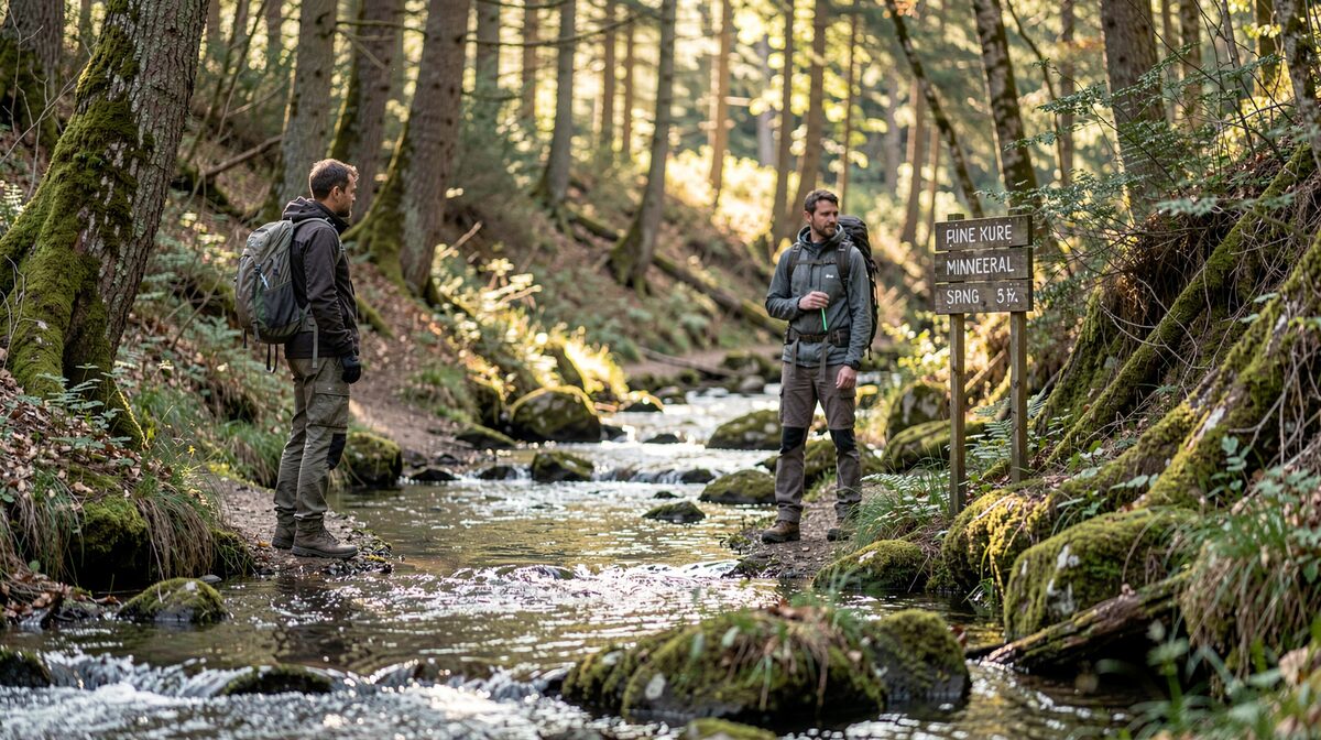 A hiker pauses beside a small mineral spring sign on a wooded German river trail, morning light filtering through trees, shot in vertical framing with the stream in the foreground.