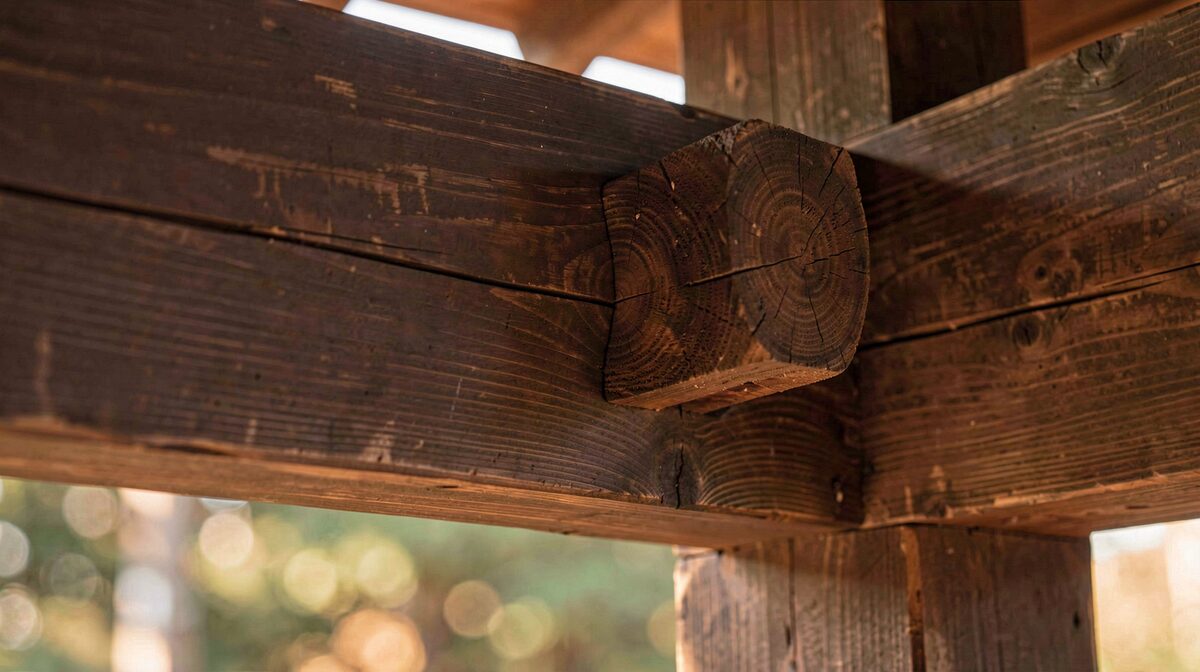A close-up of a traditional Japanese mortise and tenon timber joint on a dark wooden beam, warm afternoon side light, shallow depth of field.