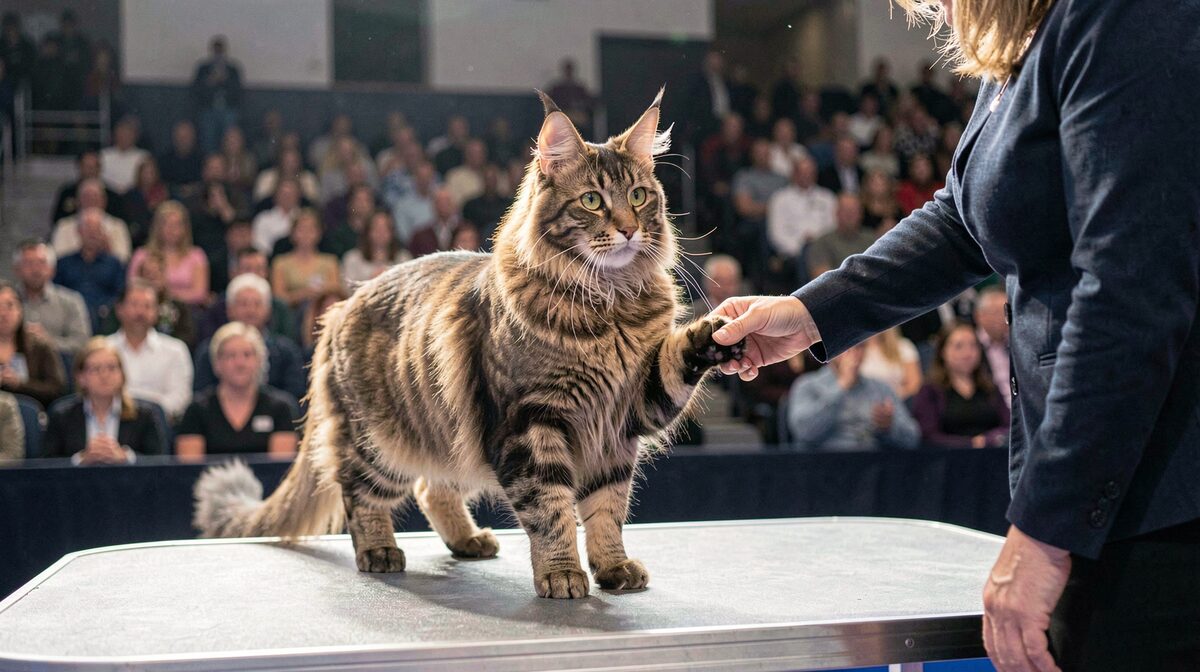 A Maine Coon cat standing on a show judging table under bright arena lights while a judge holds its paw, with spectators seated in rows behind.
