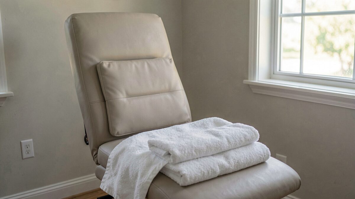 A quiet treatment room with a padded chair, a folded white towel over a footrest, and soft daylight from a side window.