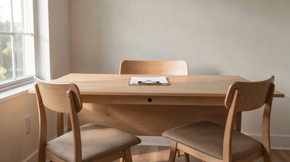A plain reception desk with a clipboard and two chairs, morning light from a window, shot straight on at eye level.