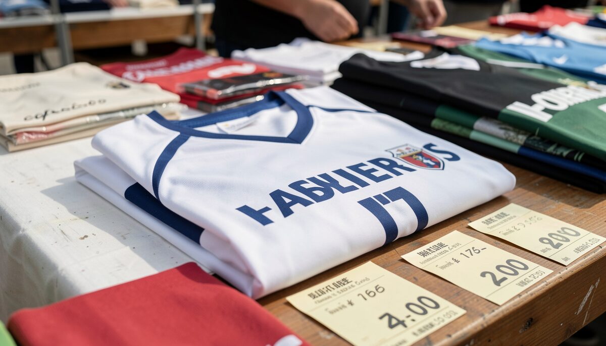 A folded unbranded sports jersey on a market table with foreign price tags. Illustrative image, generated with AI.
