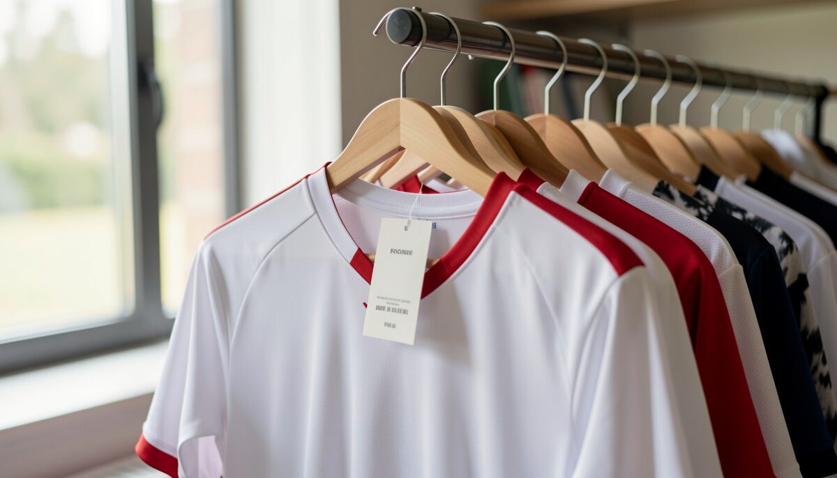 A retail rack of sports jerseys with a visible hangtag but no readable brand names. Illustrative image, generated with AI.