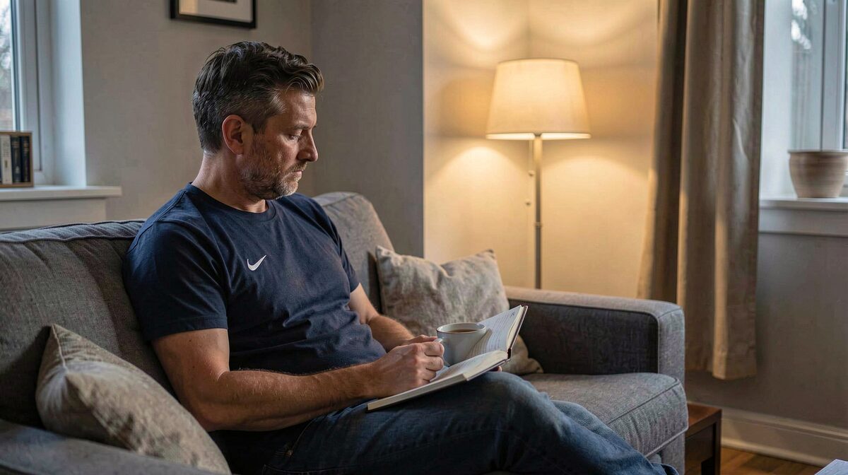 A quiet living room in the evening, a football fan sitting on a couch with a notebook and a cup of tea, soft lamp light, medium shot.