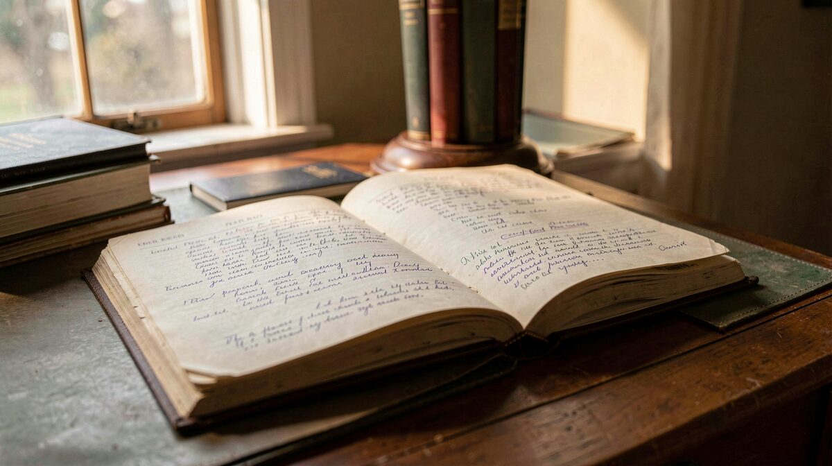 A county recorder's public records desk with open property deed books, warm morning light from a tall window, close framing on a page of handwritten entries.