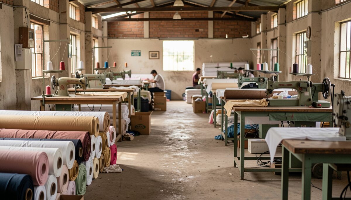 Factory floor with fabric rolls and sewing machines, no logos visible. Illustrative image, generated with AI.